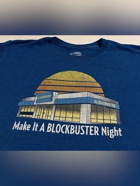 Blockbuster Video Movie Rental OFFICIAL Retro 90’s T-Shirt XL Blue Funny Rewind